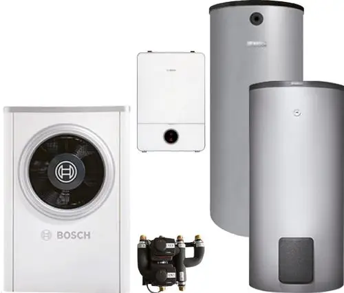 BOSCH Luftwärmepumpen-Paket mit Außeneinheit, zwei Warmwasserspeichern und einer Steuerungseinheit für Heiz- und Warmwasserversorgung.